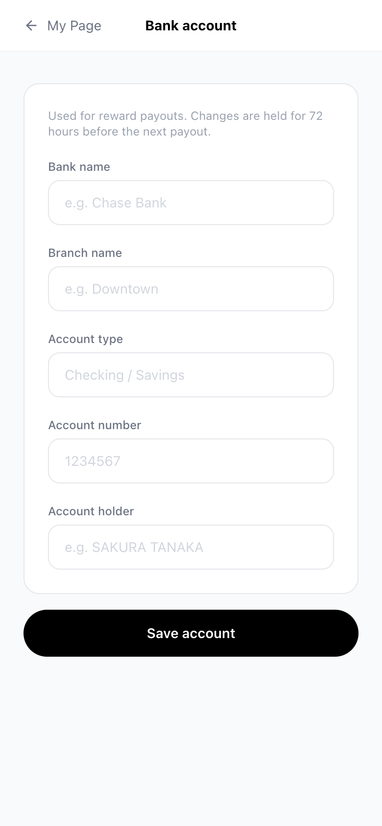Bank account screen