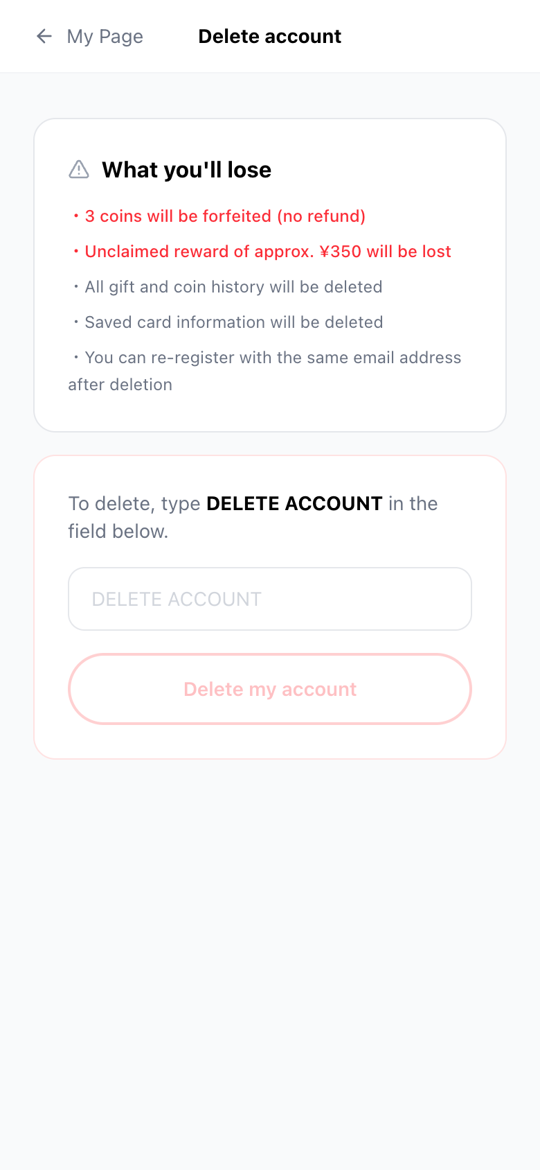 Delete account screen