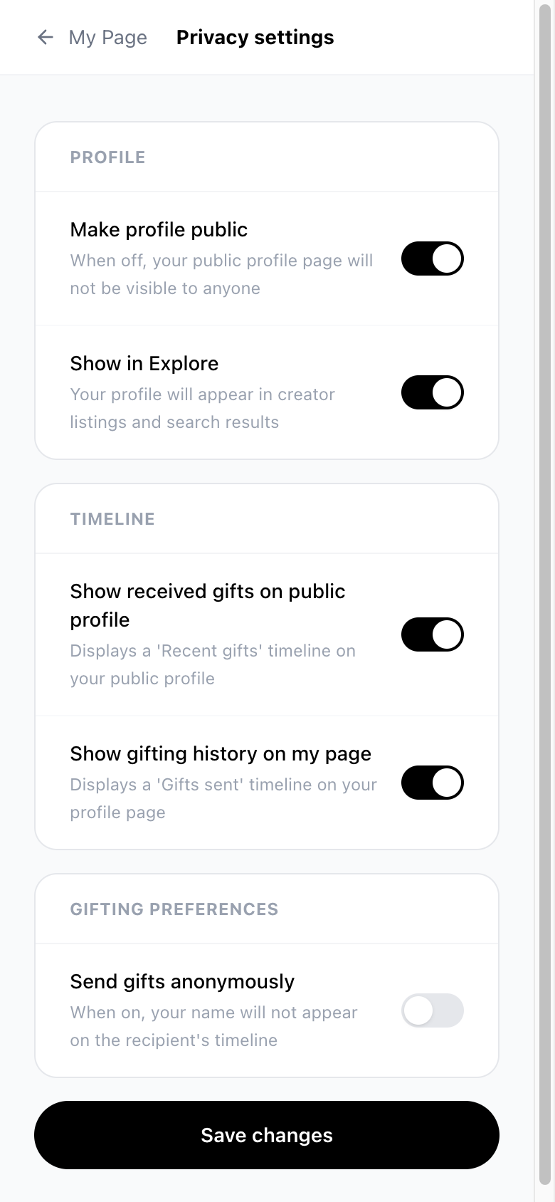 Privacy settings screen
